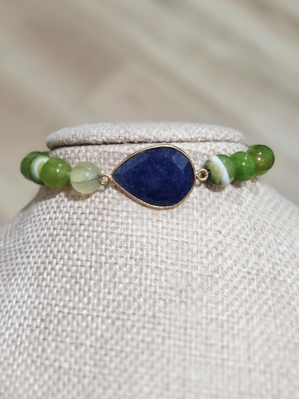 Green Bead Bracelet with Faceted Navy Teardrop Stone